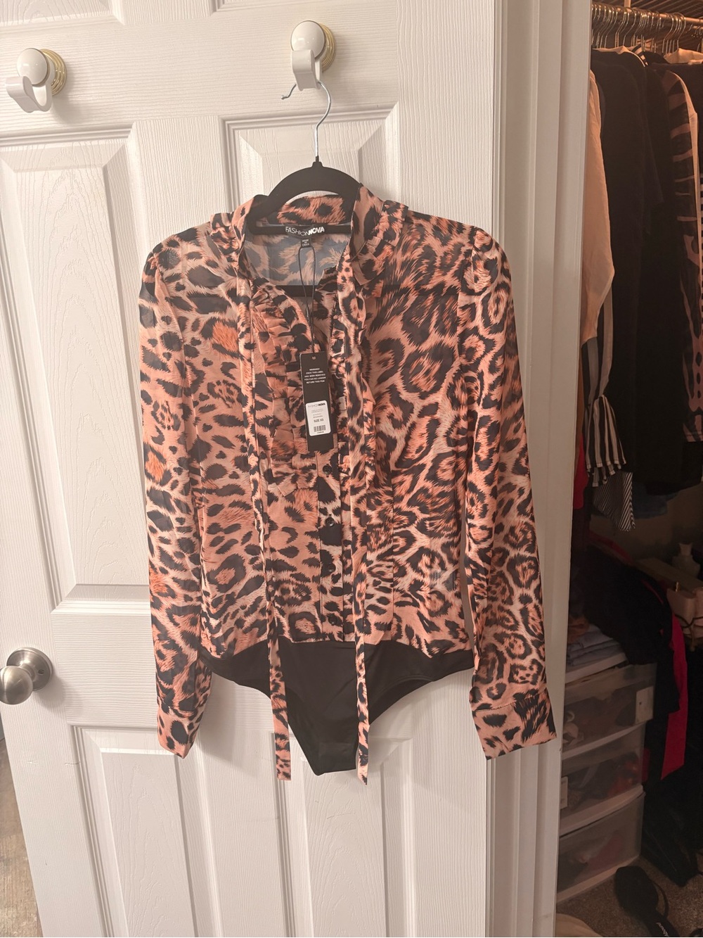 Fashion Nova Pink and Black Leopard Tie-Neck Bodysuit
